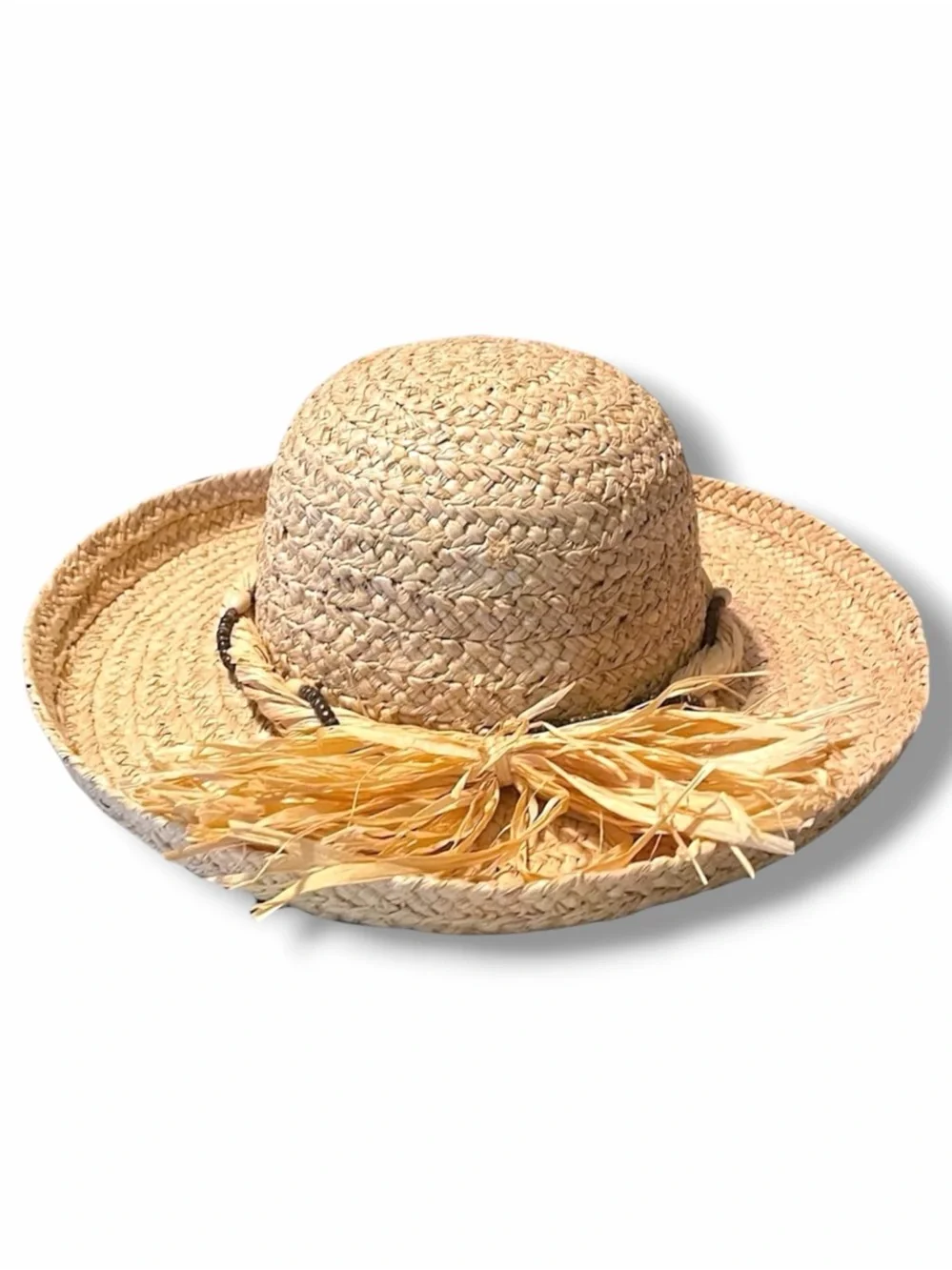 SCALA Woven Natural Fiber Straw Sun Hat Beaded Raffia Bow Resort Vacation Boho